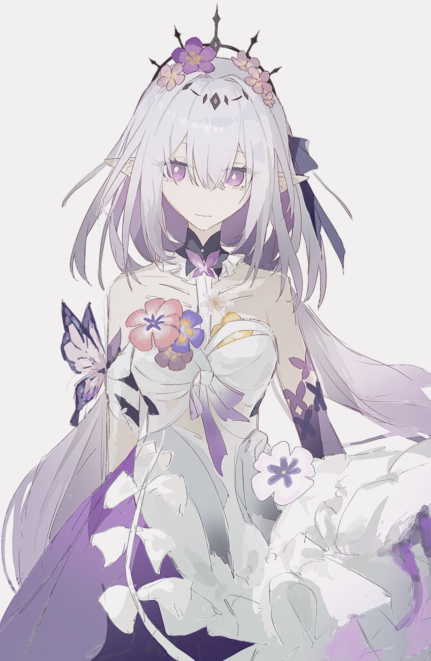1girl, bare_shoulders, bug, butterfly, cacetse, dress, flower, grey_hair, hair_flower, hair_ornament, highres, honkai:_star_rail, honkai_(series), looking_at_viewer, medium_hair, pointy_ears, simple_background, tiara, upper_body, violet_eyes, white_dress