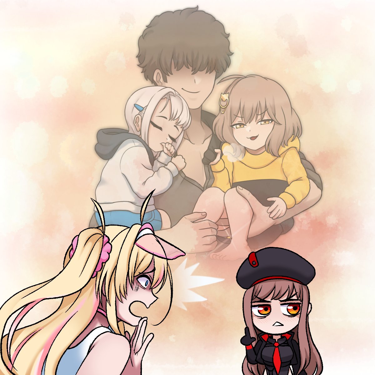 1boy, 4girls, :d, anis_(nikke), bare_shoulders, beret, black_gloves, black_hair, blonde_hair, blue_eyes, blush, breasts, brown_hair, commander_(nikke), commentary, english_commentary, gloves, goddess_of_victory:_nikke, hair_ornament, hair_over_eyes, hairclip, hat, highres, incognigoat, liveryn_(nikke), long_hair, multicolored_hair, multiple_girls, necktie, neon_(nikke), open_mouth, orange_eyes, pink_hair, rapi_(nikke), side_ponytail, smile, thumb_sucking, two-tone_hair, visor_cap, white_hair