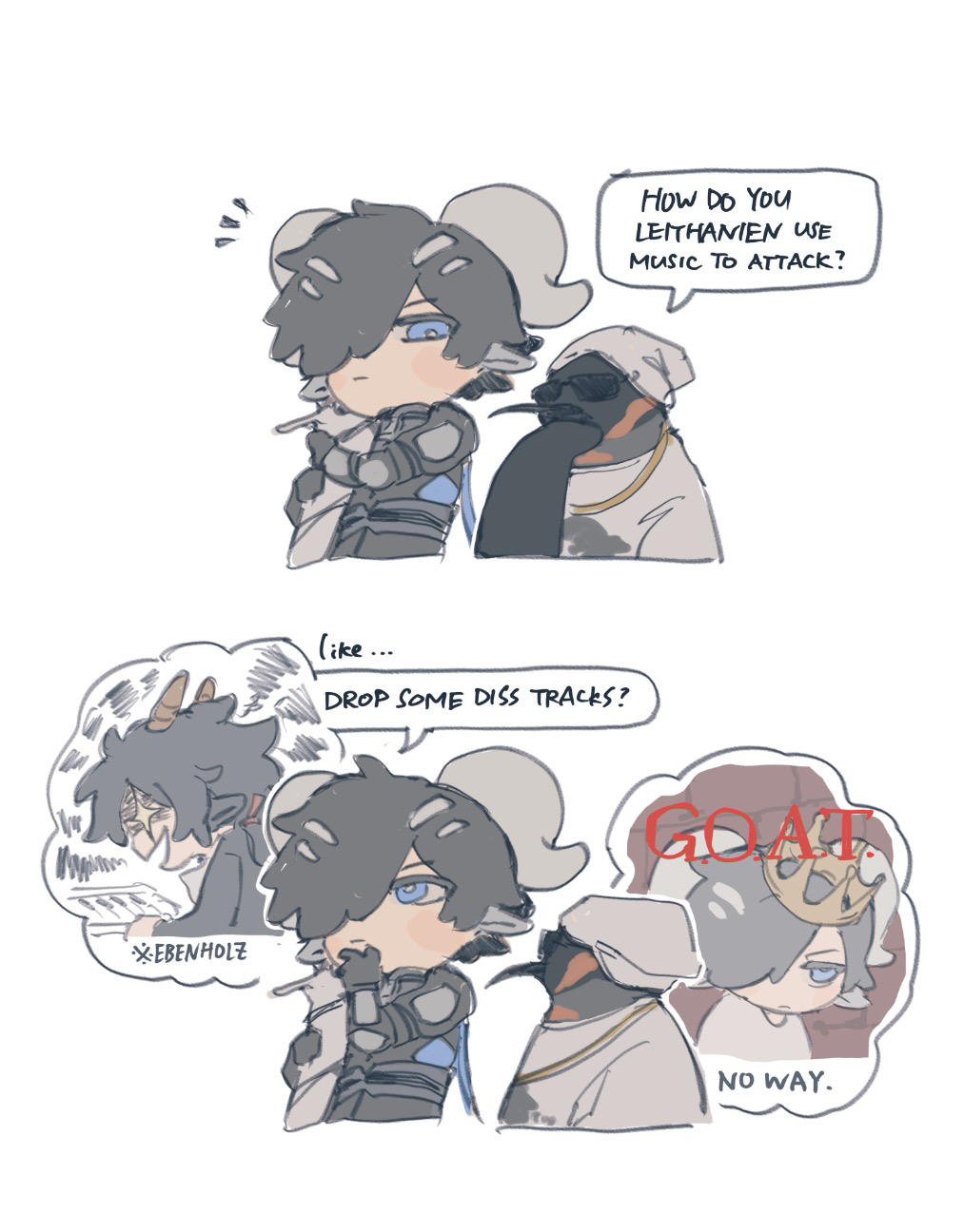 +_+, 3boys, angry, animal_ears, arknights, bird, black_hair, black_shirt, blue_eyes, blush, chibi, chinese_commentary, commentary_request, crown, damn._(kendrick_lamar), ebenholz_(arknights), emperor_(arknights), english_text, goat_boy, goat_ears, goat_horns, hair_over_one_eye, headscarf, highres, holding, holding_sword, holding_weapon, horns, instrument, lessing_(arknights), male_focus, mao_ke, multiple_boys, music, penguin, playing_instrument, playing_piano, shirt, simple_background, speech_bubble, sunglasses, sword, thinking, thought_bubble, weapon, white_background