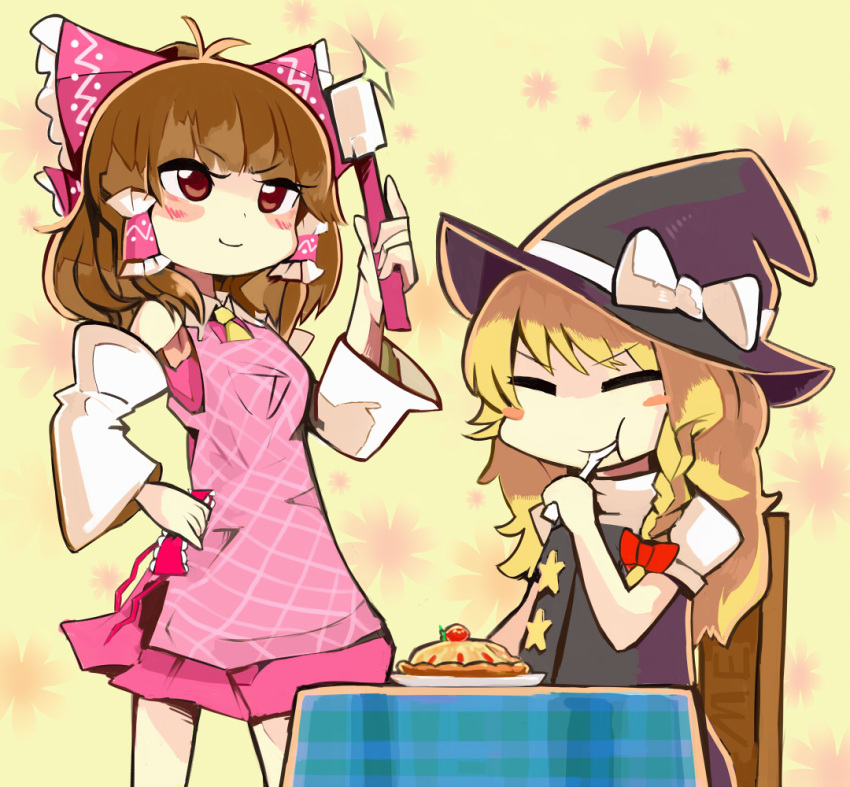 2girls, antenna_hair, apron, ayuki_(47881314), black_hat, black_vest, blonde_hair, blunt_bangs