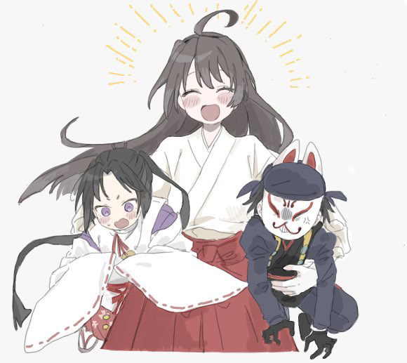 1boy, 1girl, :d, ahoge, bandana, black_gloves, black_hair, blush