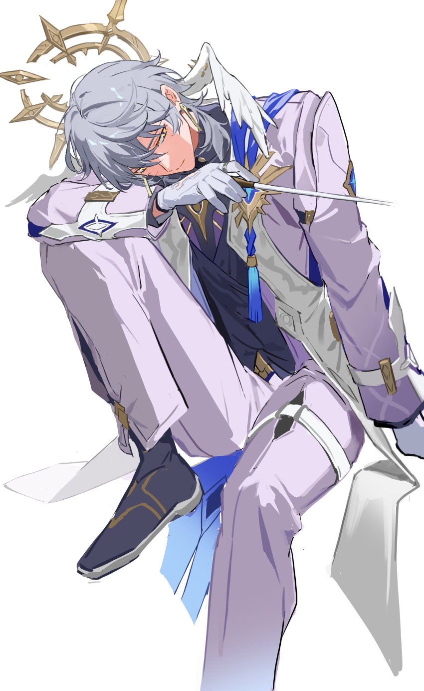 1boy, absurdres, arm_support, black_footwear, black_vest, blue_pupils, closed_mouth, conductor_baton