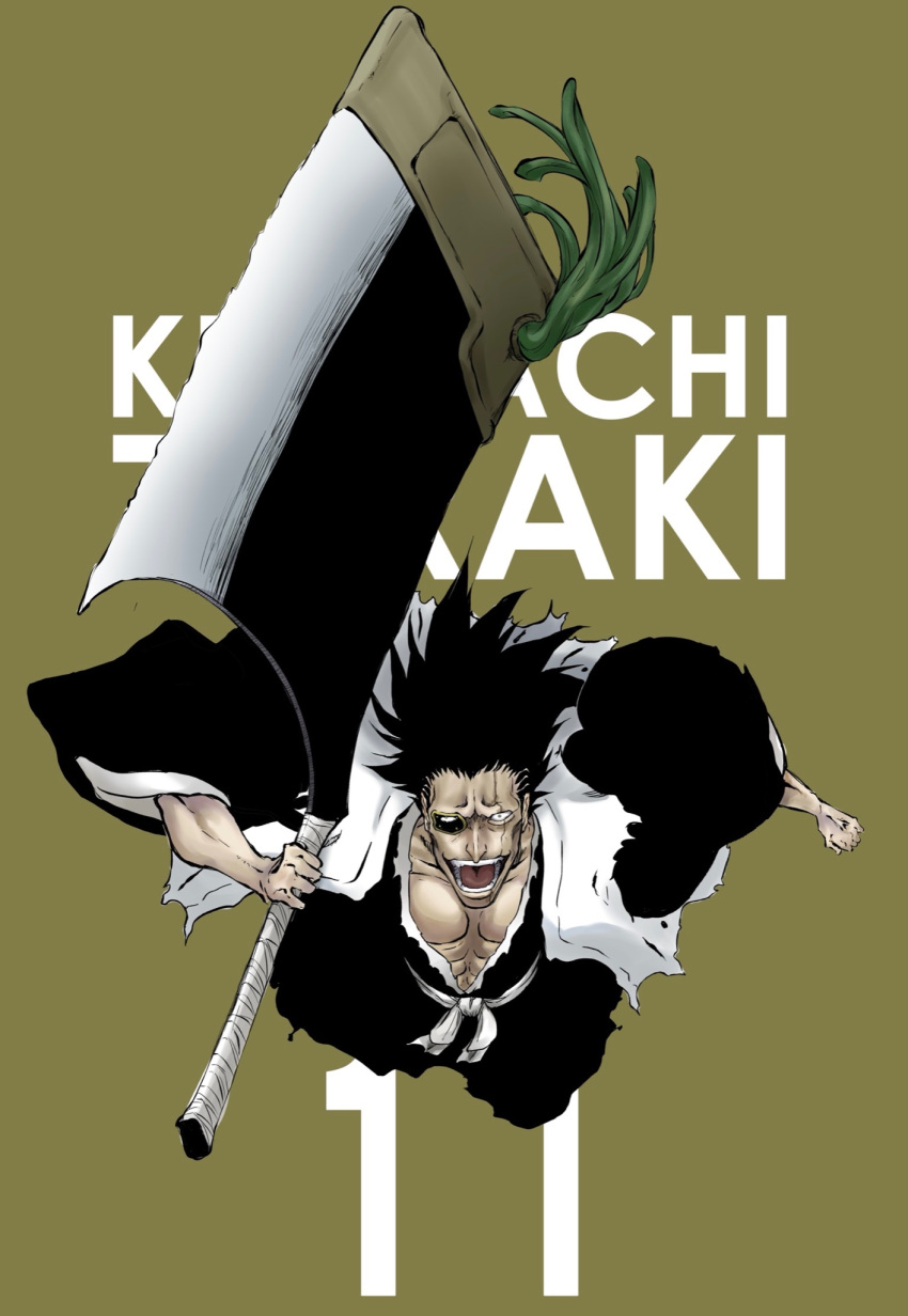 1boy, abs, axe, black_hair, black_hakama, black_kimono, bleach, bleach:_sennen_kessen-hen