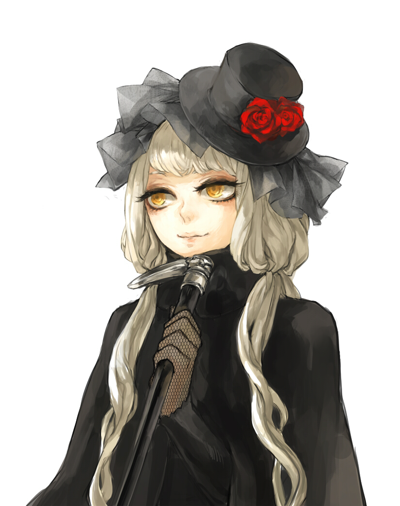 blonde_hair, cane, capelet, flower, hat, hokenshitsu_no_shinigami, ibaraki, long_hair, mitogawa_chitose, red_rose, rose, smile, solo, twintails, yellow_eyes