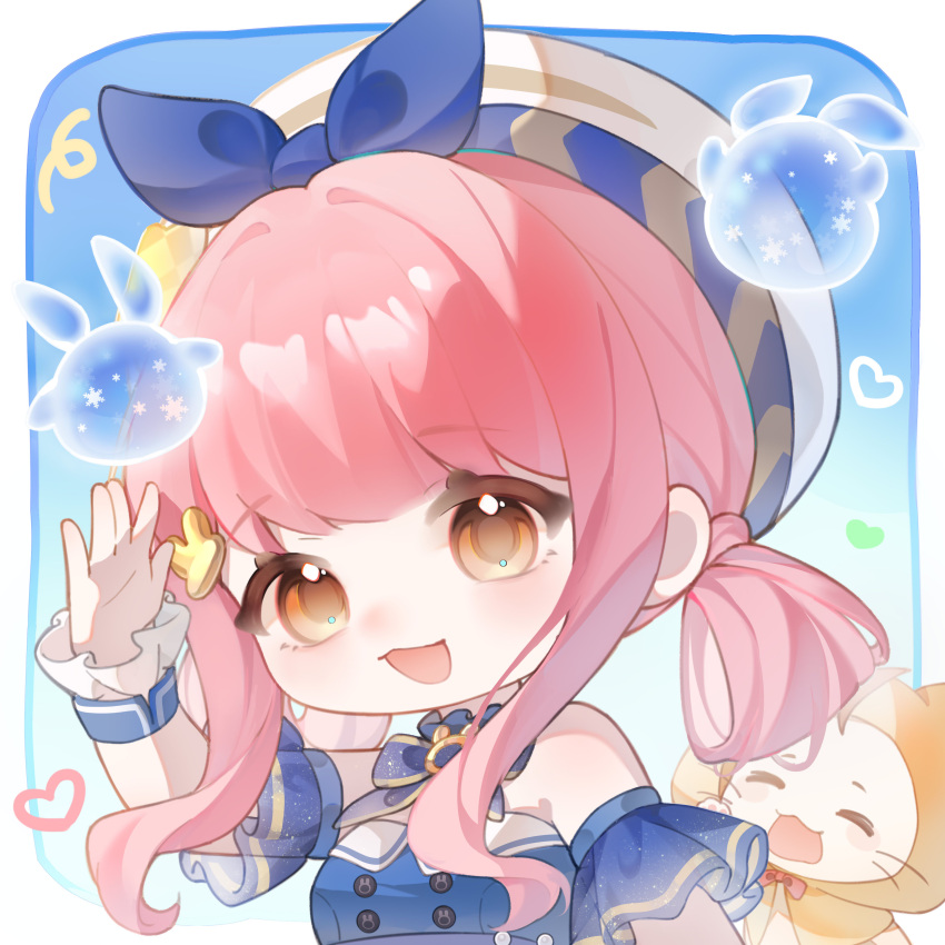 1girl, absurdres, ahoge, animal, bare_shoulders, beret, blue_background, blue_bow