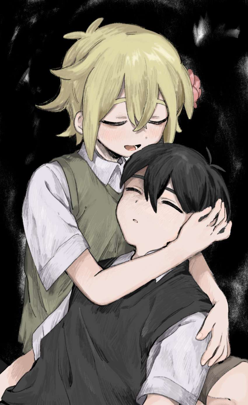 2boys, ^_^, absurdres, antenna_hair, arms_at_sides, atama_ga_pa, basil_(faraway)_(omori), basil_(omori), black_background, black_hair, black_sweater_vest, blonde_hair, closed_eyes, collared_shirt, commentary_request, crossed_bangs, double-parted_bangs, green_sweater_vest, hair_between_eyes, hand_on_another's_head, hand_on_another's_shoulder, highres, hug, lower_teeth_only, lying_on_lap, male_focus, multiple_boys, omori, open_mouth, parted_lips, shirt, short_hair, short_sleeves, simple_background, smile, sunny_(omori), sweater_vest, teeth, tongue, u_u, upper_body, white_shirt