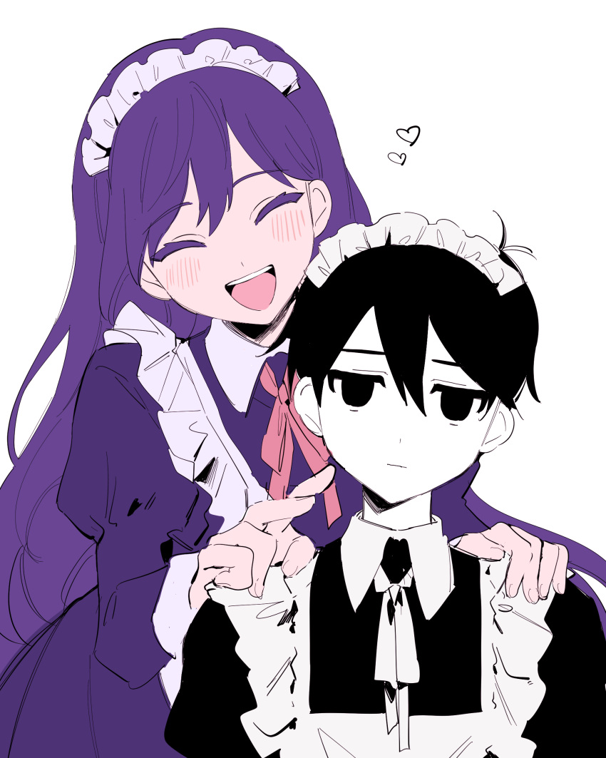 1boy, 1girl, :d, ^_^, absurdres, alternate_costume, antenna_hair, apron