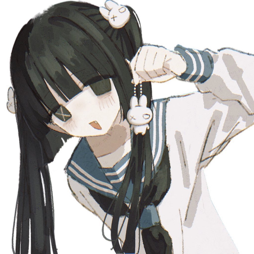 1girl, :d, arm_behind_back, black_eyes, black_hair, blue_sailor_collar, blush, charm_(object), fang, hair_ornament, hand_up, holding, holding_charm, leaning_to_the_side, long_hair, long_sleeves, looking_at_viewer, m_emu_xo, original, rabbit_hair_ornament, sailor_collar, school_uniform, shirt, simple_background, smile, solo, twintails, upper_body, white_background, white_shirt