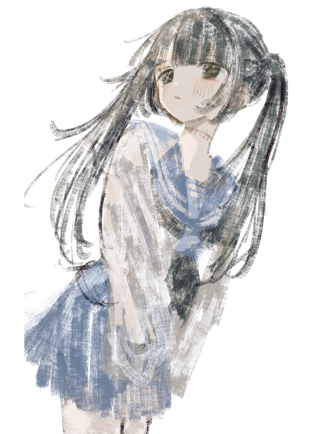 1girl, black_eyes, black_hair, black_neckerchief, blue_sailor_collar, blue_skirt, blush, feet_out_of_frame