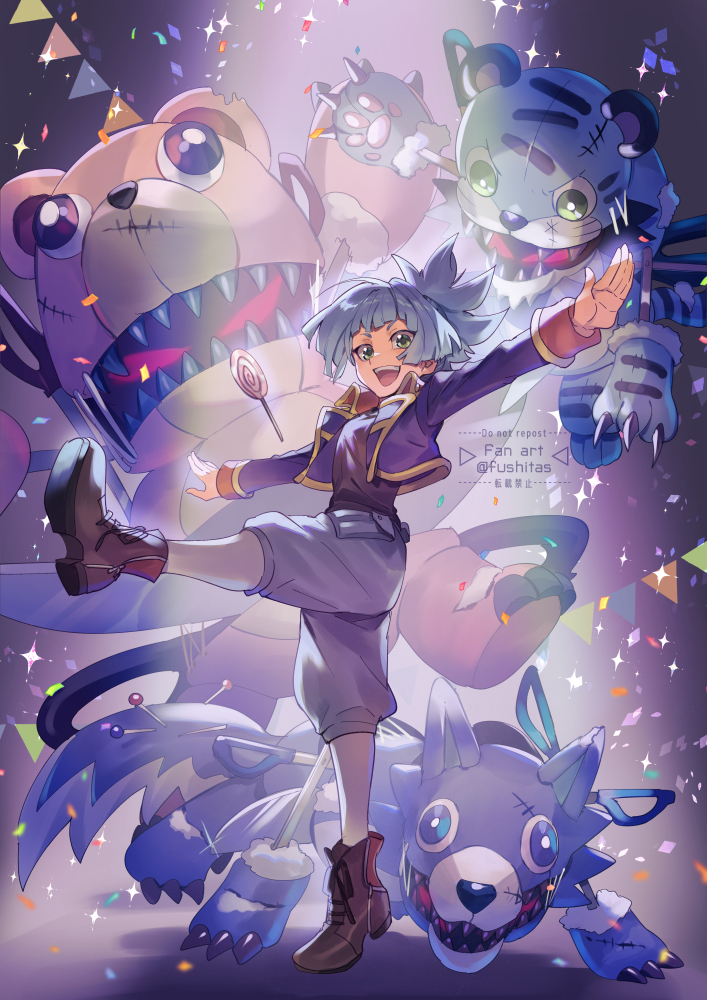 1boy, blue_hair, candy, commentary_request, confetti, duel_monster, food, frightfur_bear