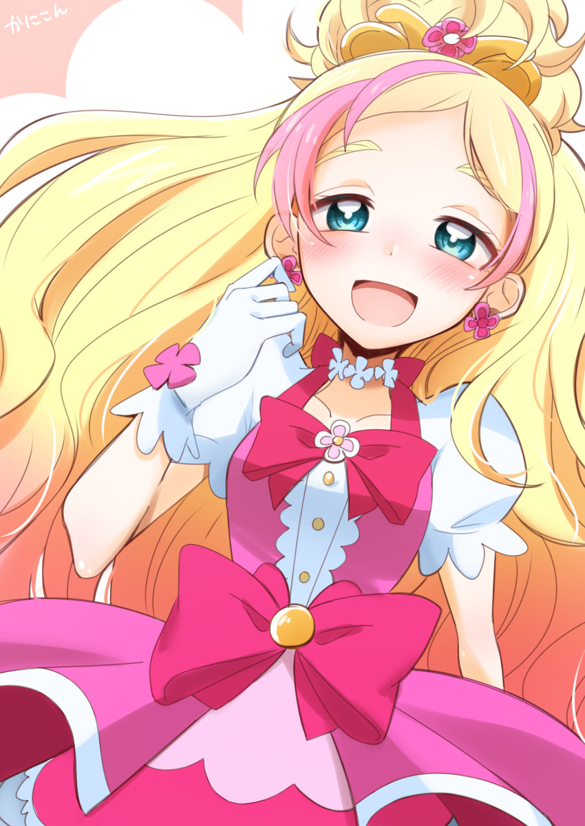1girl, absurdres, blonde_hair, blue_eyes, blush, bow, bowtie, choker, commentary, cure_flora, dress, earrings, flower_brooch, flower_choker, flower_earrings, gloves, go!_princess_precure, gradient_hair, haruno_haruka, highres, jewelry, kanikon, long_hair, magical_girl, multicolored_hair, one_side_up, open_mouth, pink_dress, precure, puffy_short_sleeves, puffy_sleeves, red_bow, red_bowtie, short_sleeves, smile, solo, textless_version, tiara, two-tone_hair, white_gloves, white_sleeves