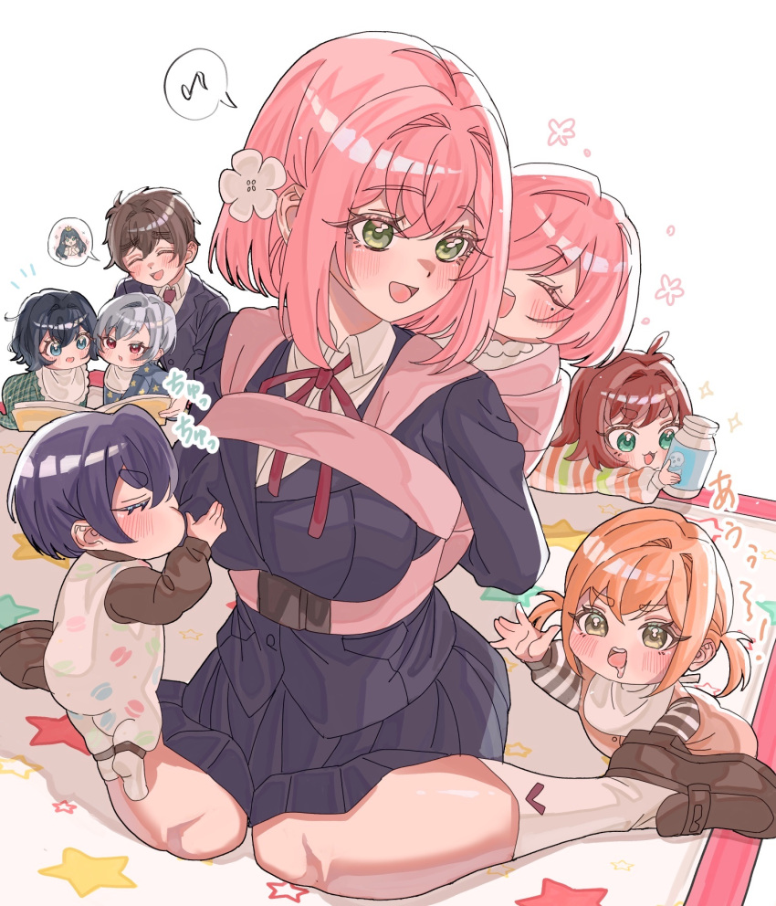 1boy, 6+girls, :3, :d, aged_down, ahoge, aijou_rentarou, baby