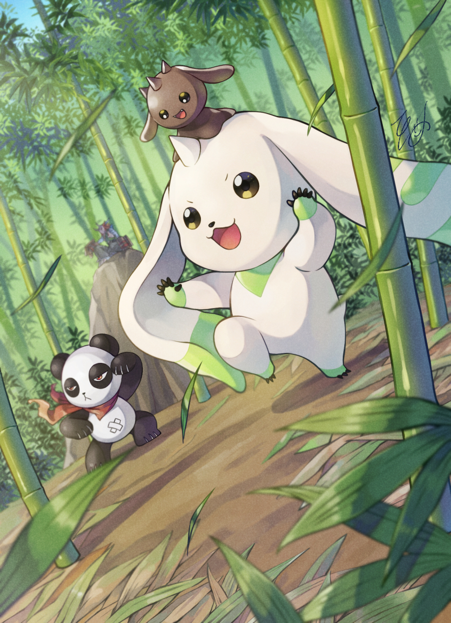 bamboo, bamboo_forest, bandana, bandana_around_neck, black_fur, body_fur, chocomon, digimon, digimon_(creature), forest, green_fur, grey_fur, highres, horns, konagonana, nature, open_mouth, outdoors, panda, pandamon, red_bandana, rock, single_horn, solo_focus, standing, standing_on_one_leg, terriermon, white_fur, yaksamon