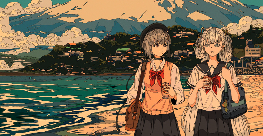 2girls, alternate_costume, artdroiiid_ii, bag, beret, black_choker, black_hat, black_sailor_collar
