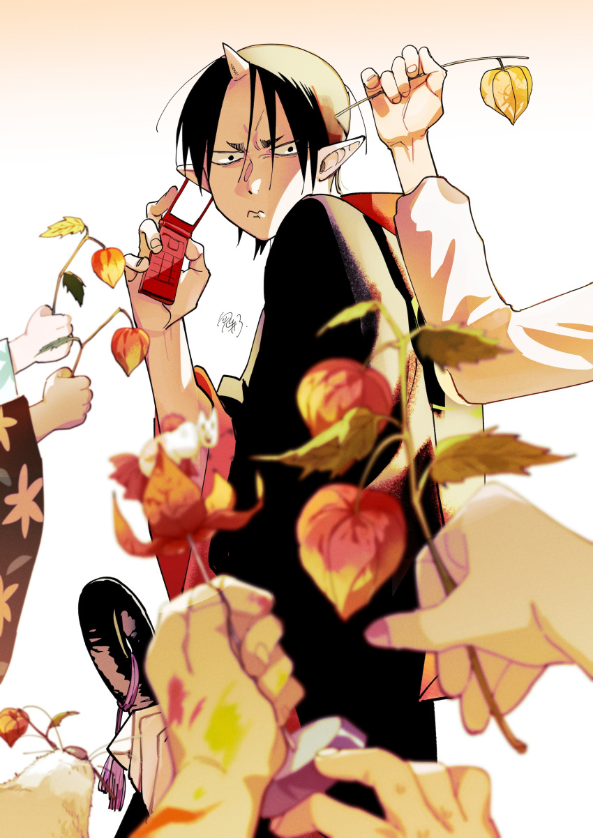 2girls, 5boys, absurdres, black_hair, black_kimono, cellphone, chinese_lantern_(plant), disembodied_hand