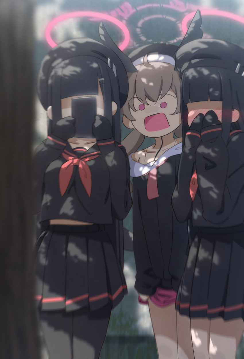 3girls, :o, beret, black_gloves, black_hat, black_pantyhose, black_serafuku, black_wings