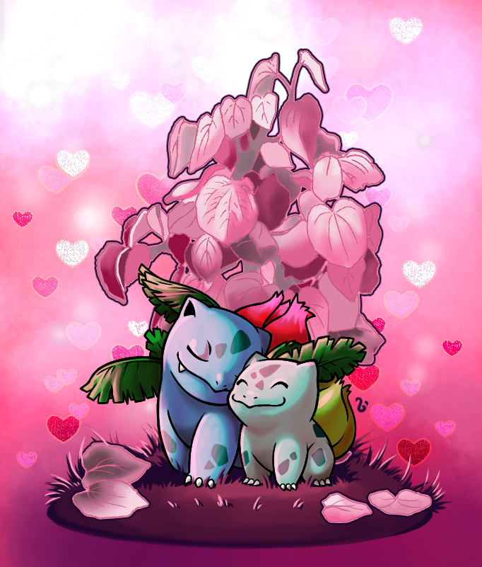 animal_focus, bulbasaur, claws, closed_eyes, closed_mouth, commentary, cresselia92, english_commentary, fangs, full_body, grass, heart, ivysaur, leaf, no_humans, nostrils, pink_theme, pokemon, pokemon_(creature), signature, sitting, smile, valentine