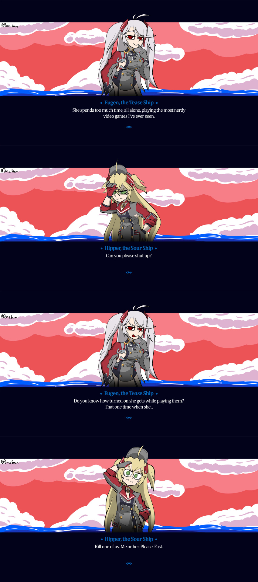 2girls, absurdres, admiral_hipper_(azur_lane), ahoge, artist_name, azur_lane, blonde_hair, closed_mouth