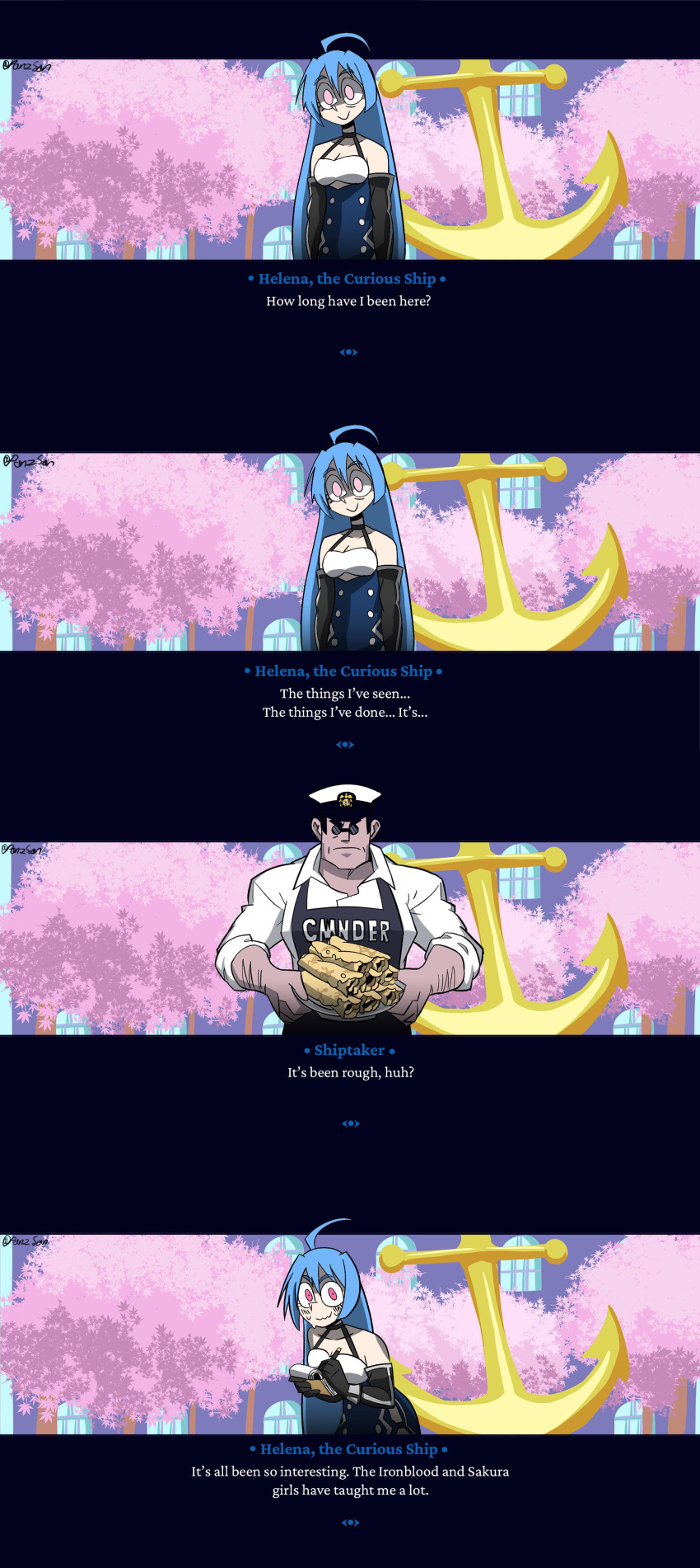 absurdres, ahoge, apron, artist_name, azur_lane, bare_shoulders, black_apron, black_sleeves, blue_hair, closed_mouth, commander_(azur_lane), detached_sleeves, english_text, food, hat, helena_(azur_lane), helltaker, helltaker_(character), highres, holding, holding_pen, holding_plate, pancake, pancake_stack, panzsan, parody, peaked_cap, pen, pink_eyes, plate, shaded_face, style_parody, sweatdrop, vanripper_(style), white_hat