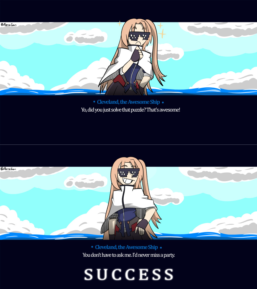absurdres, artist_name, azur_lane, black_gloves, blonde_hair, blue_sky, cleveland_(azur_lane), clouds