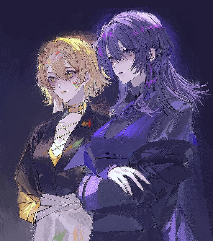 16personalities, 2girls, adventurer_(16personalities), architect_(16personalities), black_jacket, black_shirt, blonde_hair, choker