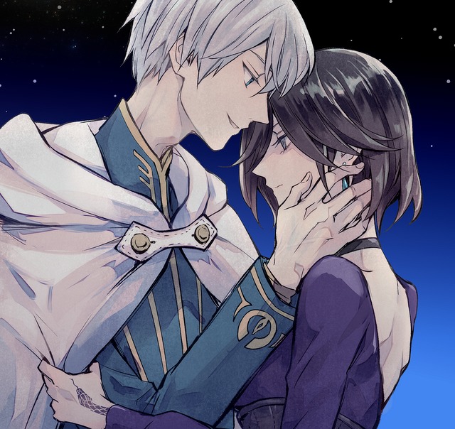1boy, 1girl, black_eyes, black_hair, blue_eyes, cape, cape_tug, commentary_request