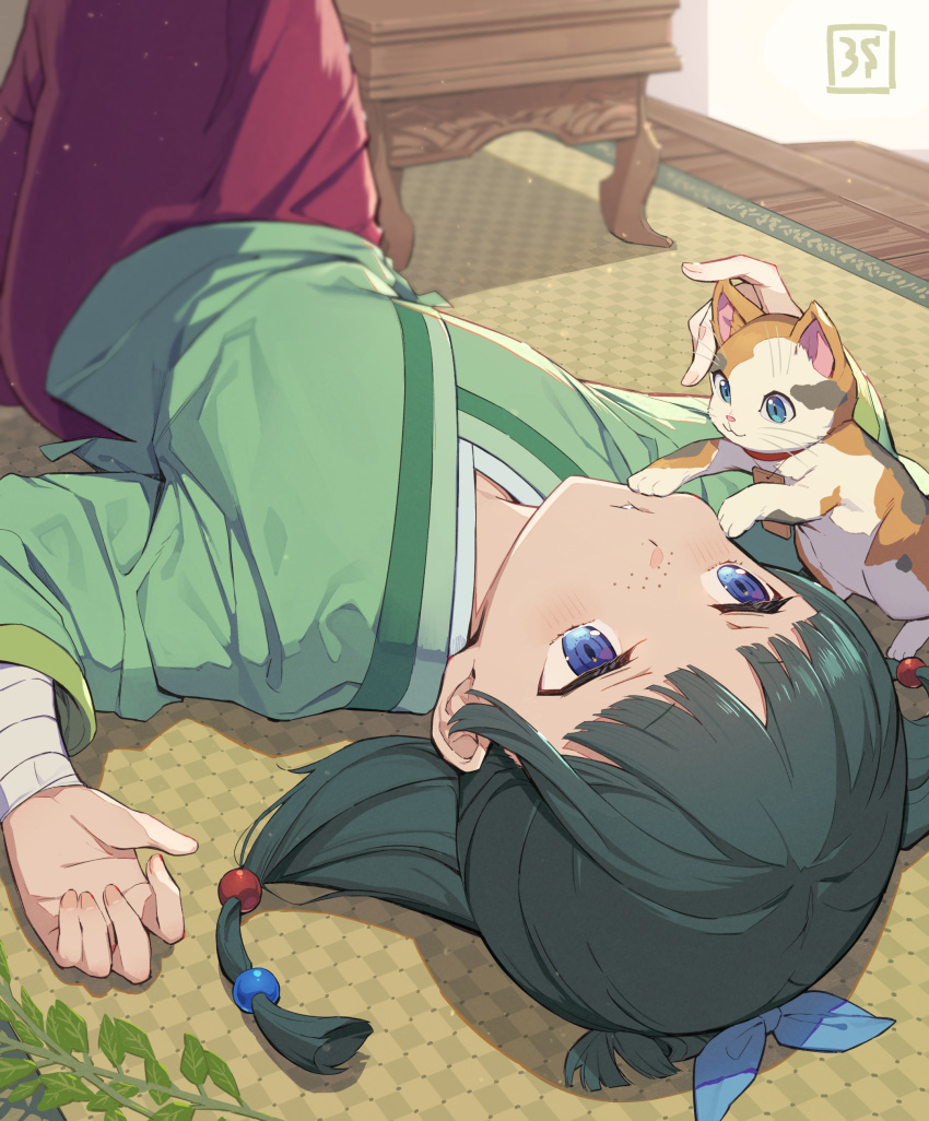 1girl, 3s_(tarariko), absurdres, aoqun, beaded_hair_ornament, blue_eyes, calico_cat, cat, chinese_clothes, english_commentary, flat_chest, freckles, green_hair, green_shirt, hanfu, highres, indoors, kusuriya_no_hitorigoto, leaf, long_skirt, lying, maomao_(kusuriya_no_hitorigoto), on_back, red_skirt, shirt, skirt, solo, table, wooden_floor