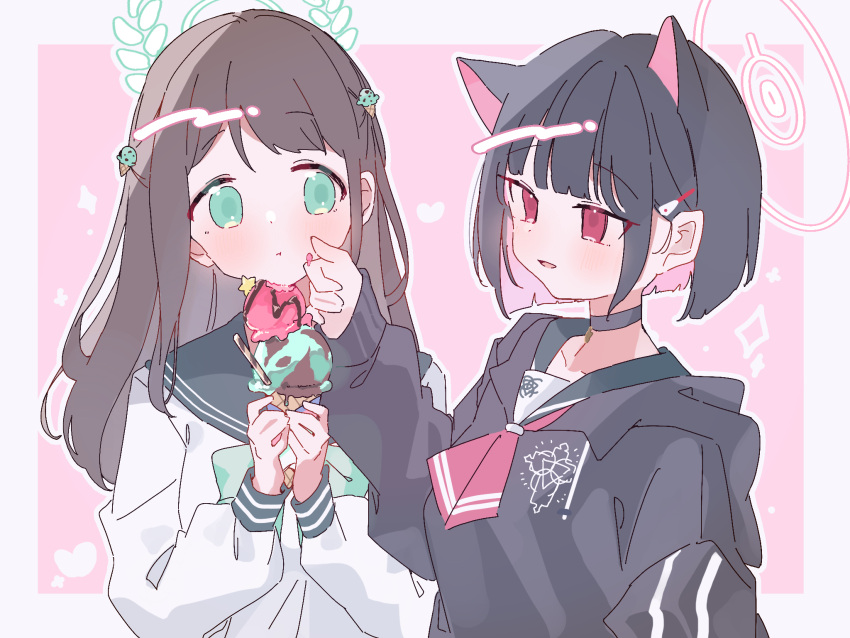 2girls, airi_(blue_archive), animal_ears, black_choker, black_hair, black_hoodie, black_sailor_collar, blue_archive