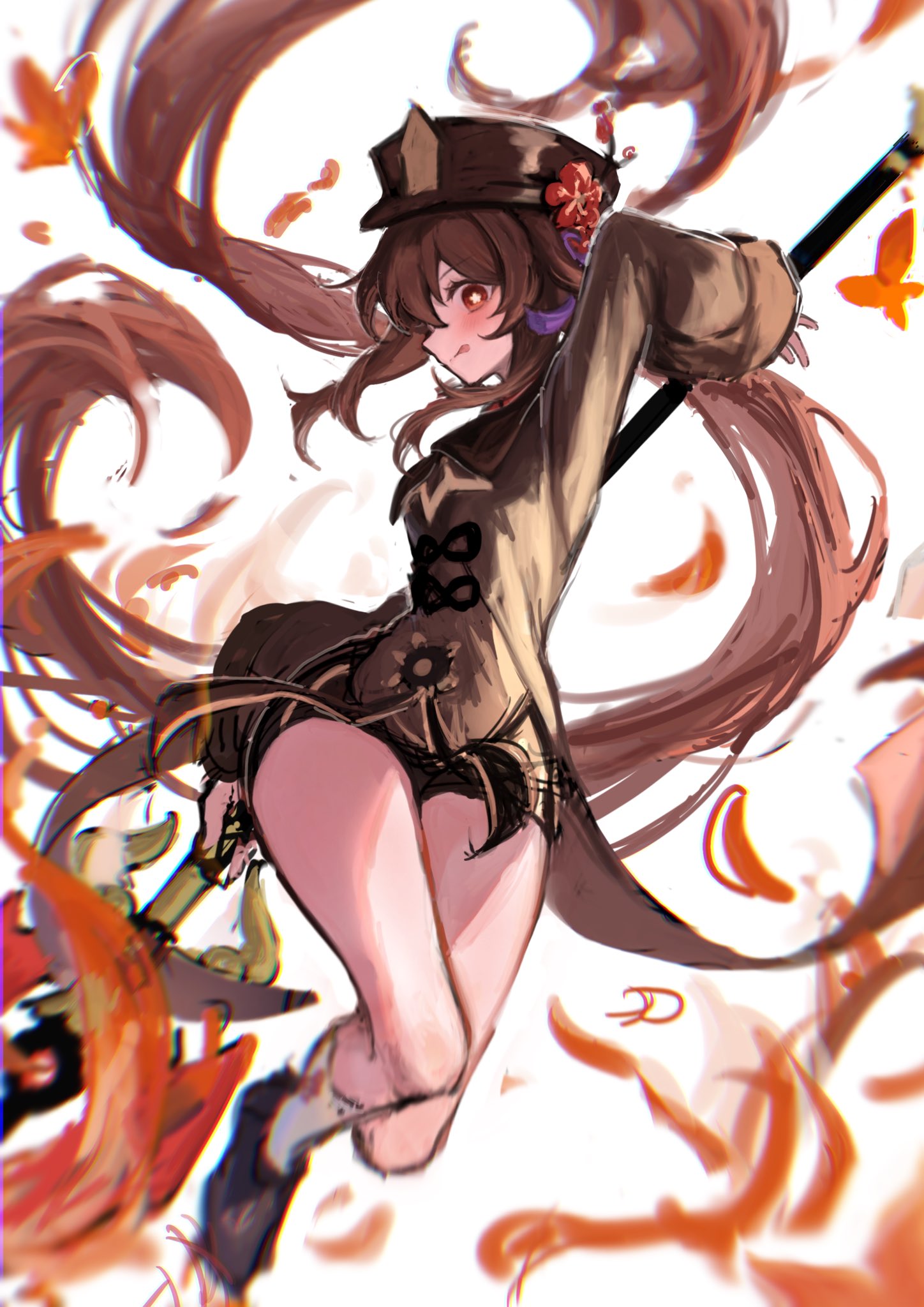 1girl, black_hat, black_jacket, black_shorts, brown_hair, enunu_7e, floating_hair, flower