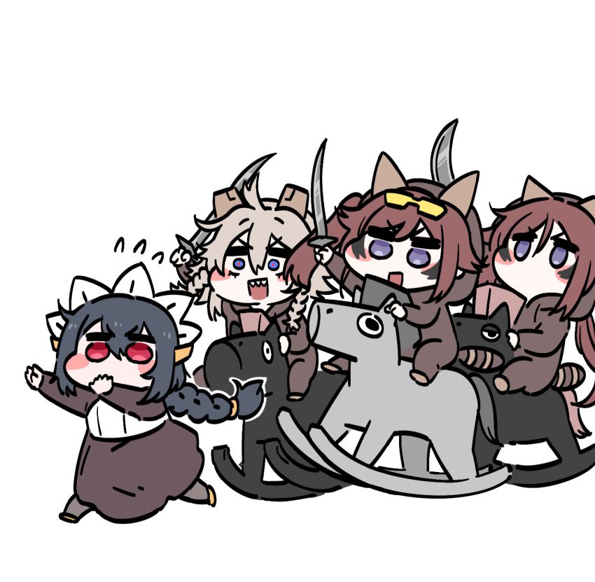 4girls, adapted_costume, ahoge, animal_hood, black_hair, black_wyrm_(last_origin), blue_eyes, blush_stickers