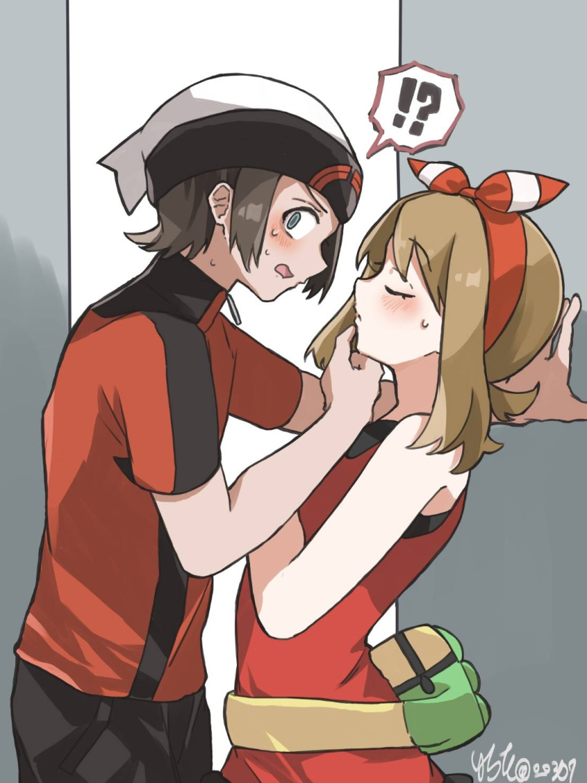 !?, 1boy, 1girl, beanie, blush, brendan_(pokemon), brown_hair, closed_eyes, closed_mouth, commentary_request, fanny_pack, from_side, green_bag, grey_eyes, hairband, hat, hetero, highres, kabedon, looking_at_viewer, looking_to_the_side, may_(pokemon), medium_hair, o_o307, open_mouth, pokemon, pokemon_oras, red_hairband, red_shirt, shirt, short_hair, short_sleeves, sleeveless, sleeveless_shirt, spoken_interrobang, sweat, sweatdrop, white_hat