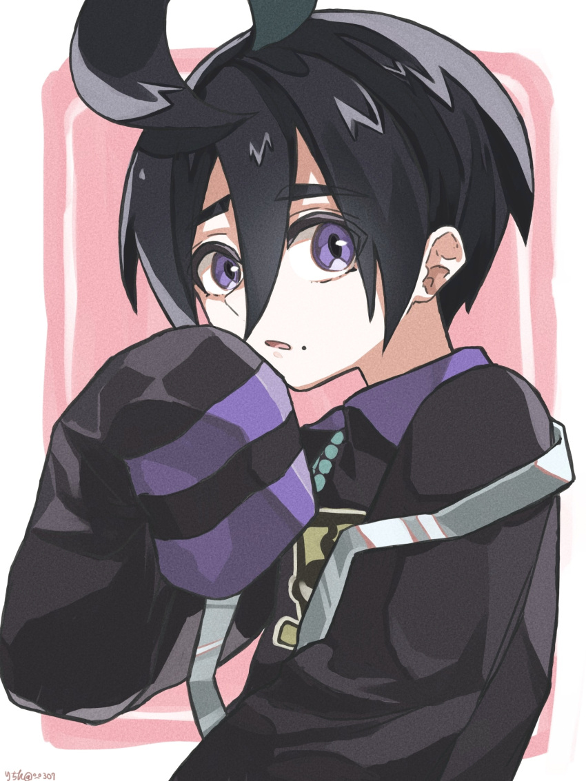 1boy, ahoge, allister_(pokemon), black_hair, black_shirt, border, collared_shirt, commentary_request