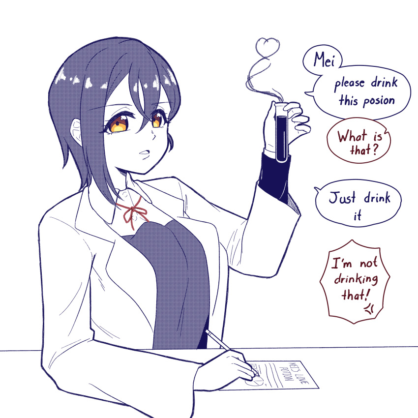 1girl, absurdres, anger_vein, collared_shirt, commentary, crossed_bangs, dress, dress_shirt