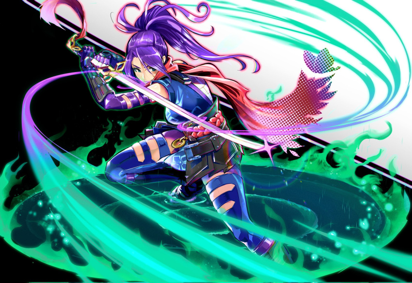 1girl, breasts, elbow_gloves, gloves, highres, holding, holding_sword, holding_weapon, japanese_clothes, katana, kimono, long_hair, marvel, marvel_rivals, psylocke, purple_hair, rodrigo_yoshimiya, sarashi, sash, scarf, short_kimono, skirt, solo, superhero_costume, sword, thigh-highs, violet_eyes, weapon, x-men