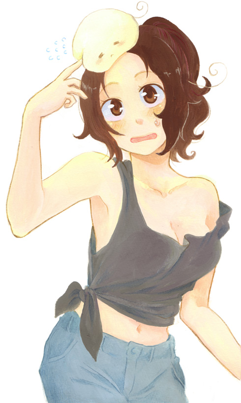 ahoge, anno_mana, armpits, arms_up, axis_powers_hetalia, blush, breasts, brown_eyes, brown_hair, cleavage, closed_eyes, colored_pencil_(medium), dual_persona, eyes_closed, food, genderswap, girl, jeans, long_hair, loose_shirt, midriff, mochi, navel, no_bra, northern_italy_(hetalia), off_shoulder, open_mouth, pants, poke, poking, ponytail, simple_background, strap_slip, surprise, surprised, sweat, tank_top, tied_shirt, traditional_media, wavy_hair, white_background