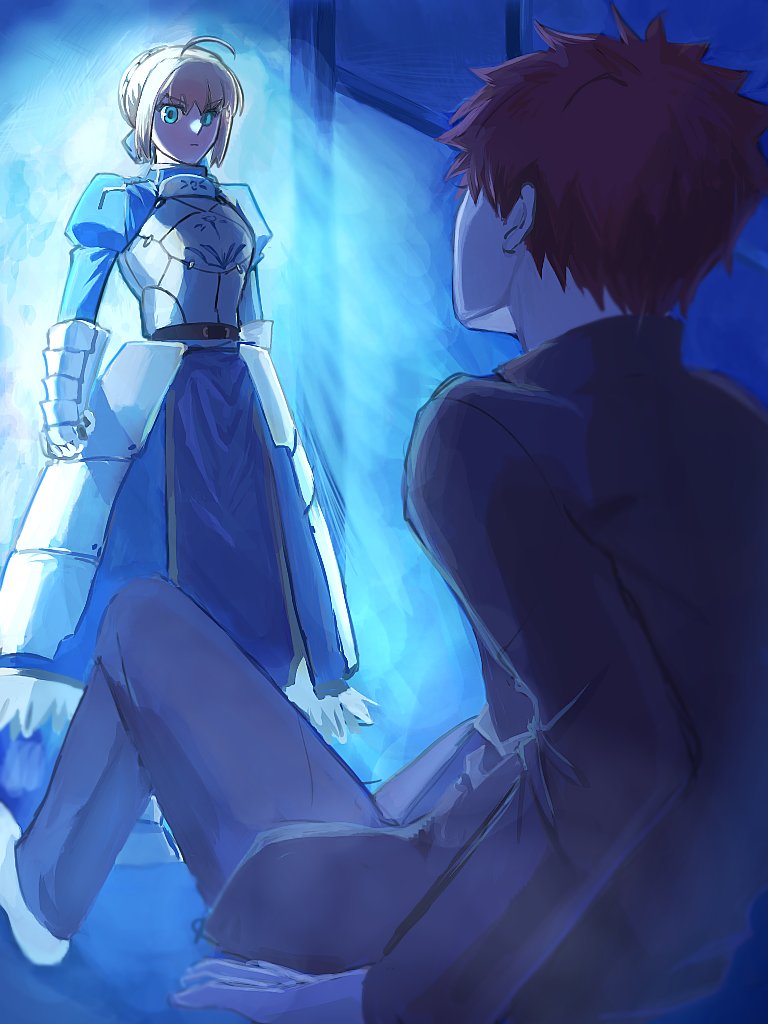 1boy, 1girl, ahoge, are_you_my_master, armor, armored_dress, artoria_pendragon_(fate), blonde_hair