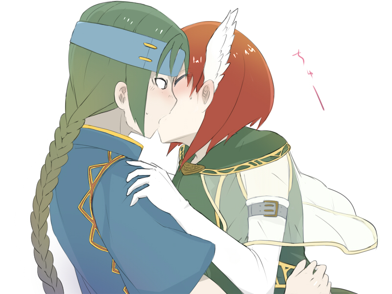 blush, bob_cut, braid, closed_eyes, elbow_gloves, eyes_closed, fire_emblem, fire_emblem:_rekka_no_ken, gloves, green_hair, guy_(fire_emblem), head_wings, kiss, kissing, priscilla_(fire_emblem), red_hair, redhead, shiina_maru, short_hair