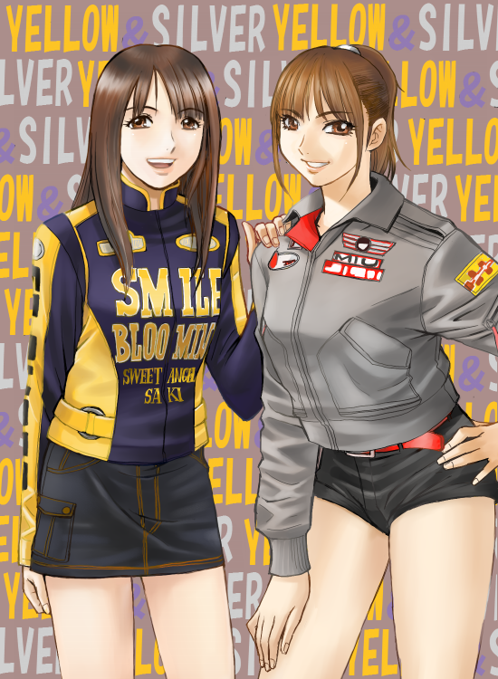 2girls, biker_clothes, brown_eyes, brown_hair, denim_skirt, engine_sentai_go-onger, female, jacket, long_hair, multiple_girls, ponytail, rouyama_saki, sentai, shorts, skirt, super_sentai, suto_miu, sutou_miu, yusao