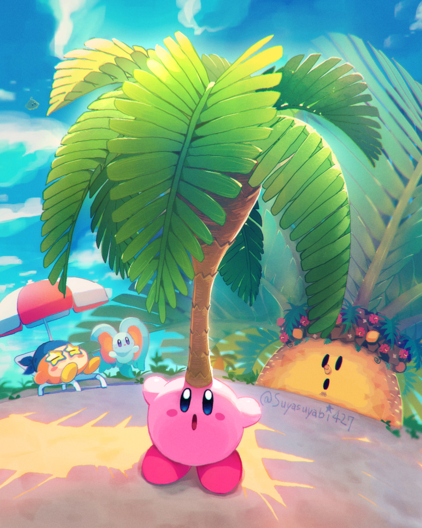 artist_name, bandana, bandana_waddle_dee, beach_chair, beach_umbrella, blue_bandana, blue_sky, clouds