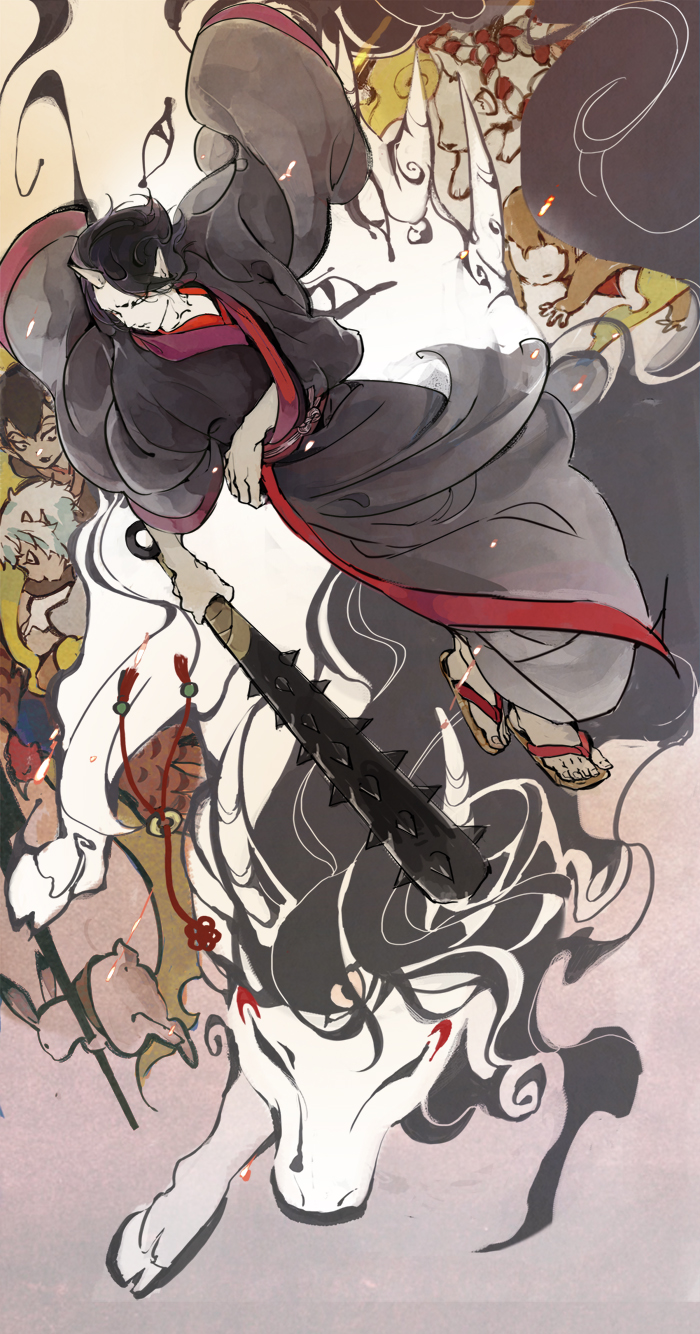 3boys, animalization, bai_ze_(mythology), bird, black_hair, black_kimono, club_(weapon), demon_boy, dog, hakutaku_(hoozuki_no_reitetsu), highres, hoozuki_(hoozuki_no_reitetsu), hoozuki_no_reitetsu, horns, japanese_clothes, kakisuke_(hoozuki_no_reitetsu), karauri_(hoozuki_no_reitetsu), kimono, monkey, multiple_boys, nasubi_(hoozuki_no_reitetsu), person_and_animalization, pheasant, rurio_(hoozuki_no_reitetsu), shiro_(hoozuki_no_reitetsu), weapon, zennzai