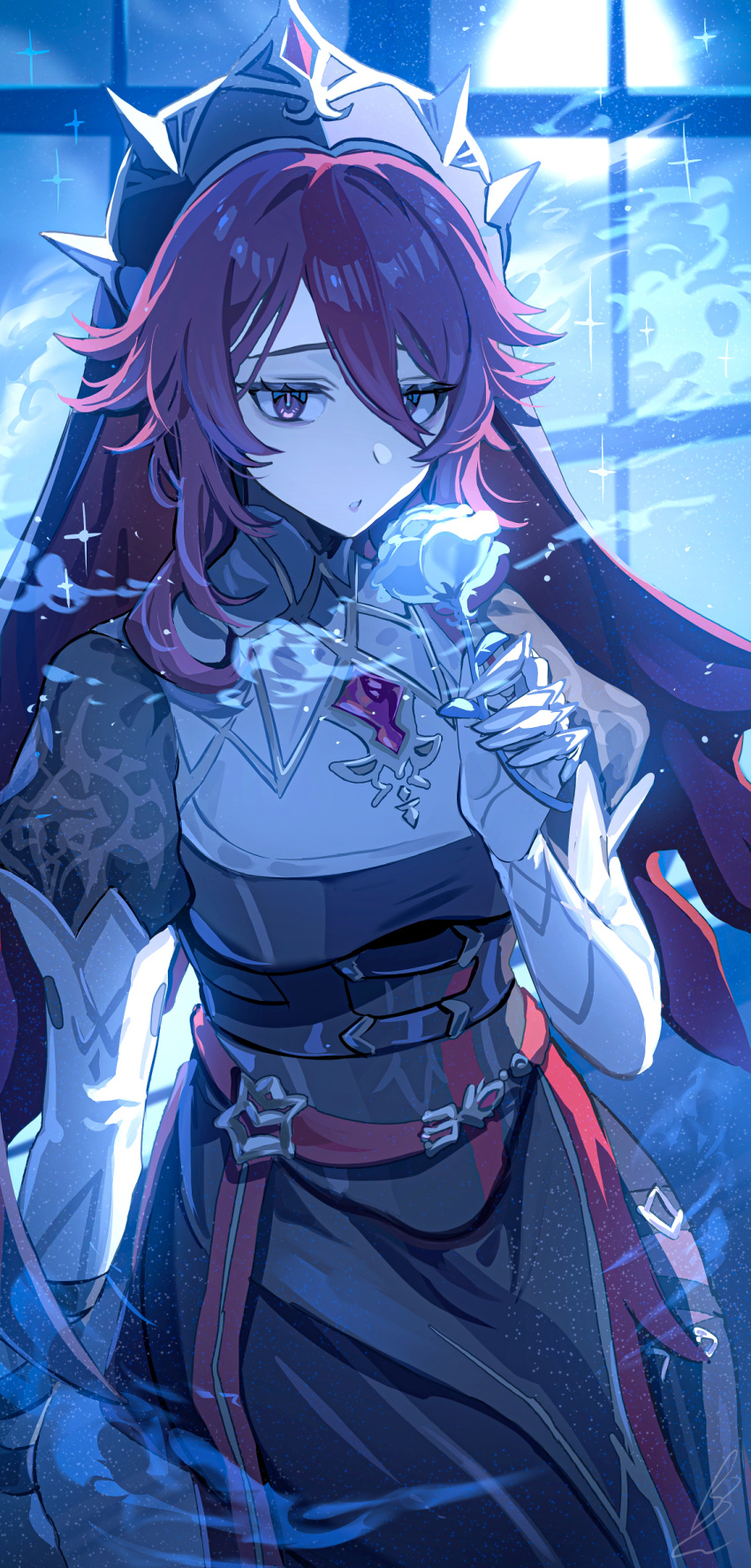 1girl, elbow_gloves, genshin_impact, gloves, hair_between_eyes, highres, looking_at_viewer, official_alternate_costume