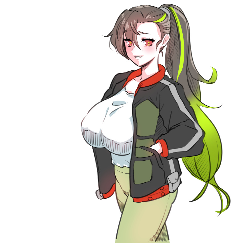 1girl, alternate_costume, breasts, brown_hair, casual, clover_ace, green_hair, hair_between_eyes