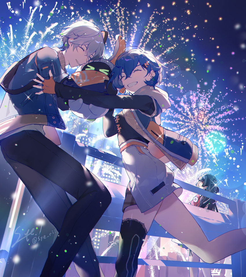 1boy, 2girls, astra_yao, asymmetrical_legwear, bandana, bandana_around_neck, bangboo_(zenless_zone_zero), belle_(zenless_zone_zero)