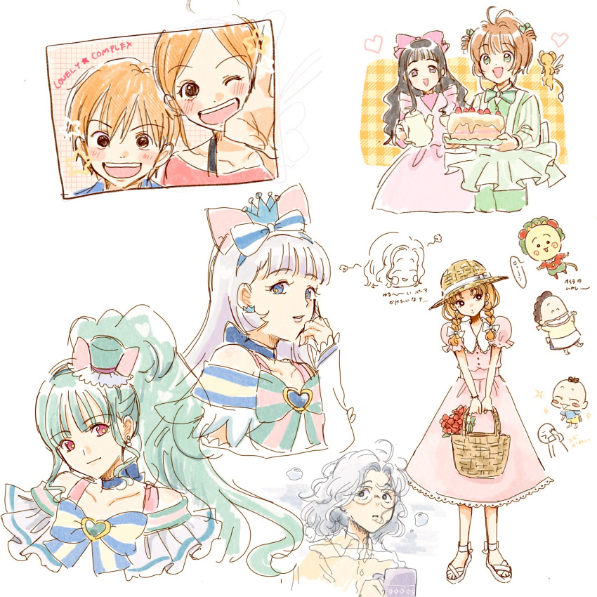 3boys, 6+girls, aqua_hair, basket, blonde_hair, bow, bowtie, braid