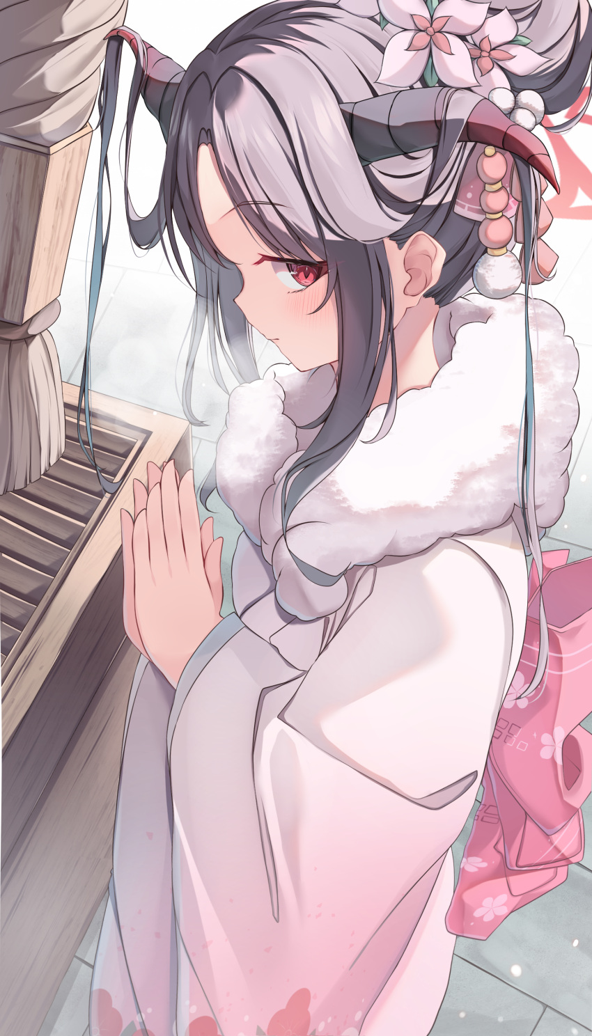 1girl, absurdres, black_hair, blue_archive, demon_horns, flower, fur-trimmed_kimono, fur_collar