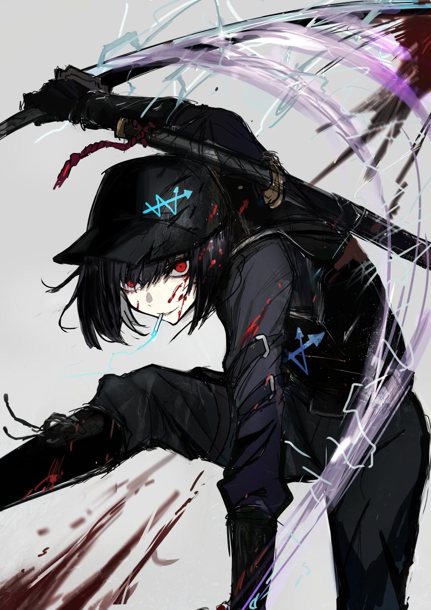 1girl, absurdres, baseball_cap, black_gloves, black_hair, black_shirt, black_vest, blood