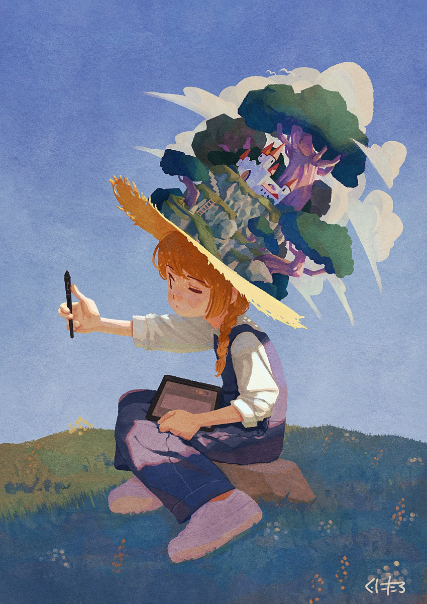 1girl, blue_overalls, blue_sky, blush, castle, clouds, commentary_request, drawing_tablet