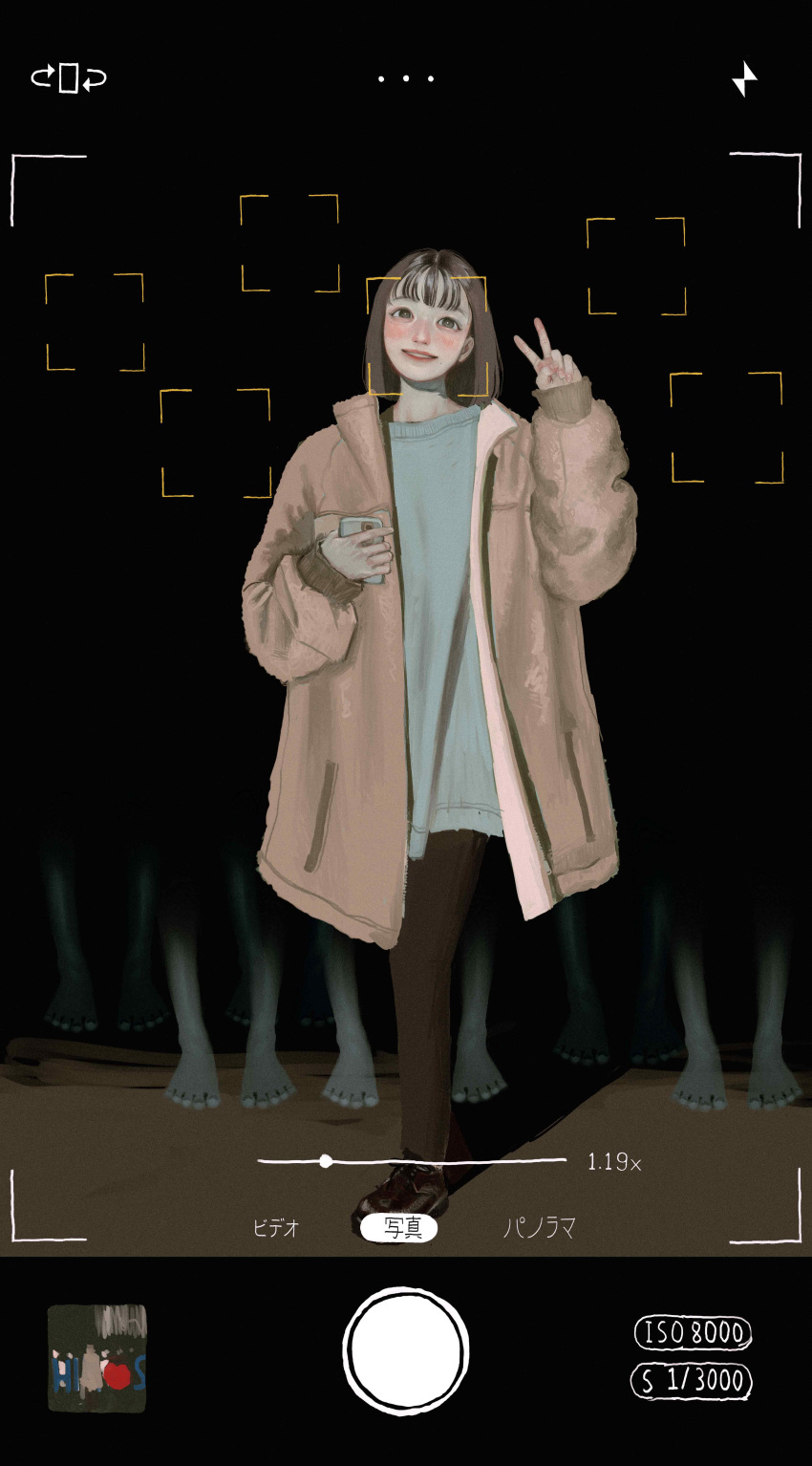 1girl, absurdres, black_eyes, black_footwear, brown_coat, brown_hair, coat, commentary