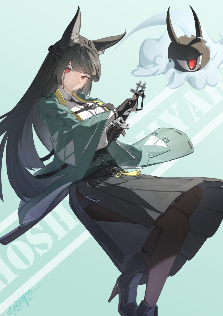 1girl, absurdres, animal_ear_fluff, animal_ears, black_gloves, black_hair, black_pantyhose, black_skirt, blunt_bangs, dress_shirt, expressionless, fingerless_gloves, fox_ears, fox_girl, gauntlets, gloves, green_jacket, high-waist_skirt, highres, holding, holding_sword, holding_weapon, hoshimi_miyabi, jacket, lanoyee, long_hair, pantyhose, red_eyes, shirt, sidelocks, single_fingerless_glove, skirt, solo, sword, tailless_(zenless_zone_zero), weapon, white_shirt, zenless_zone_zero