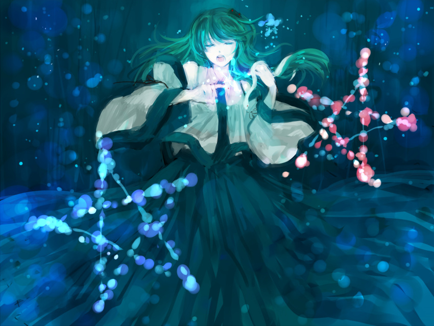 blue, closed_eyes, danmaku, detached_sleeves, frog, green_hair, highres, japanese_clothes